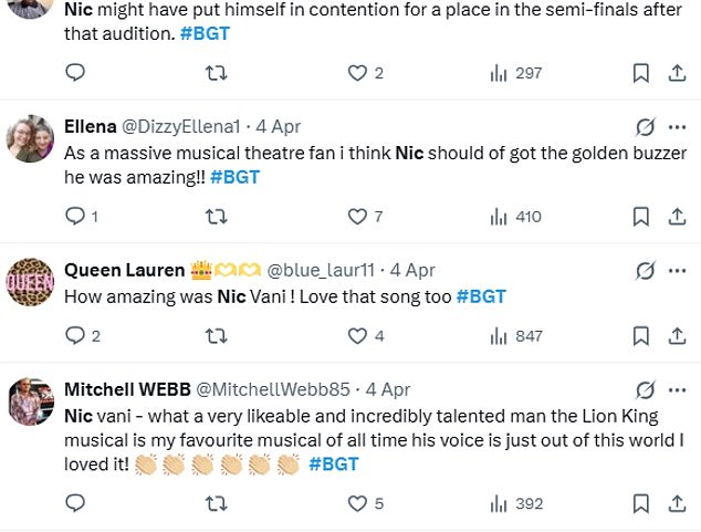 Other viewers were impressed by Nic's performance as they wrote: 'Nic has a God given talent and is such a beautiful soul'