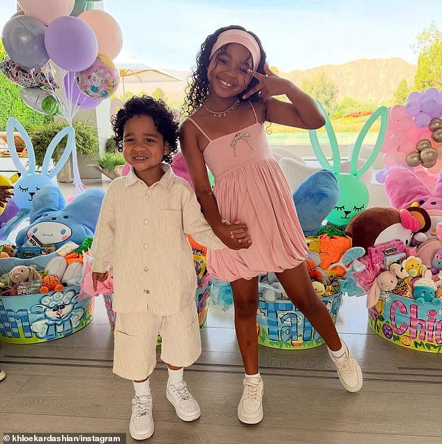 Each of Kris's grandchildren received a custom basket to take home. In one photo Khloé posted, her son and daughter held hands and posed together in front of theirs