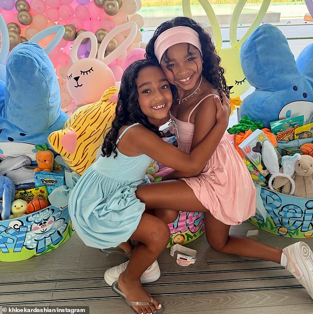 Another photo she included was of her daughter True and Kim's daughter Chicago hugging and posing in their matching Easter dresses