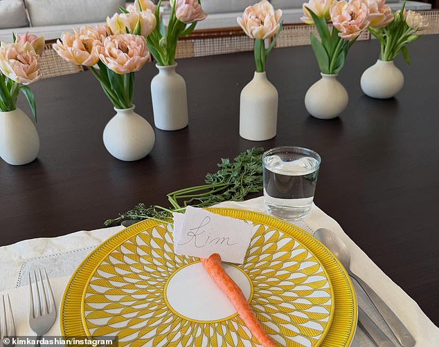 Kim also snapped a photo of where they enjoyed brunch together as she posted a photo of her plate and charger with a carrot as her place setting