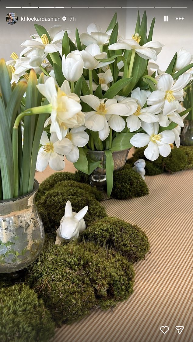 The sprawling mansion was set up with numerous DIY activities for the kids and adorned with bunny-themed decor featuring carrots as part of their brunch place settings. Each surface was seemingly covered with a variety of colorful flowers