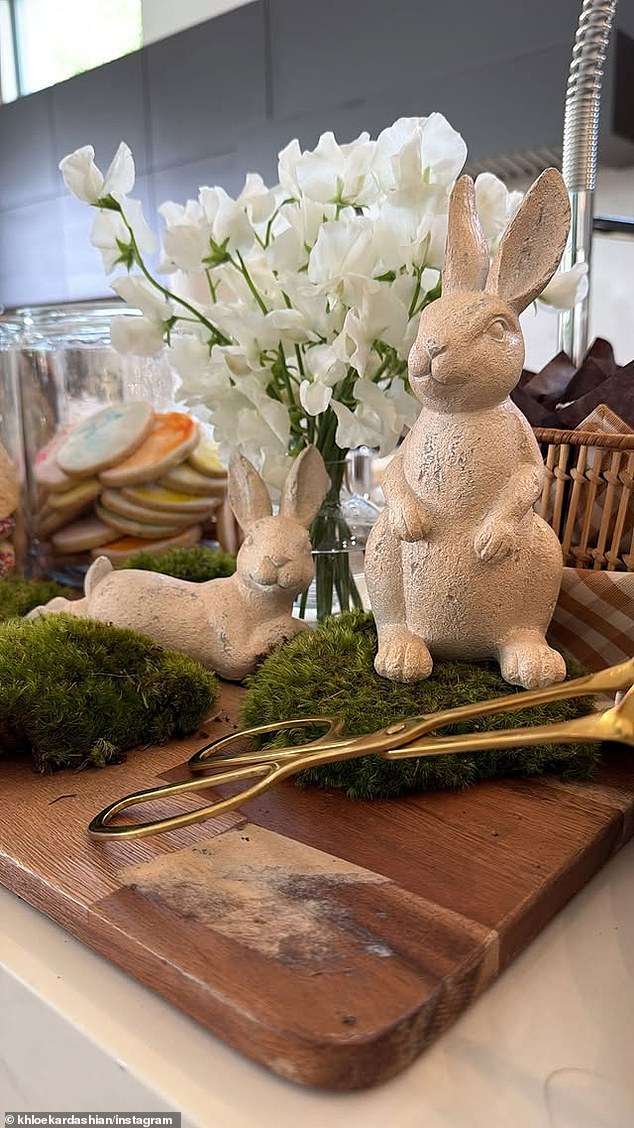 Khloé showed off one area of the place with bunny statues on fake moss