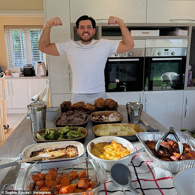 The TV personality, who is currently 30 weeks pregnant with the couple's first child, shared several loved-up snaps of her kissing Jordan while he cradled her blossoming baby bump and tucking into a home-cooked Sunday roast