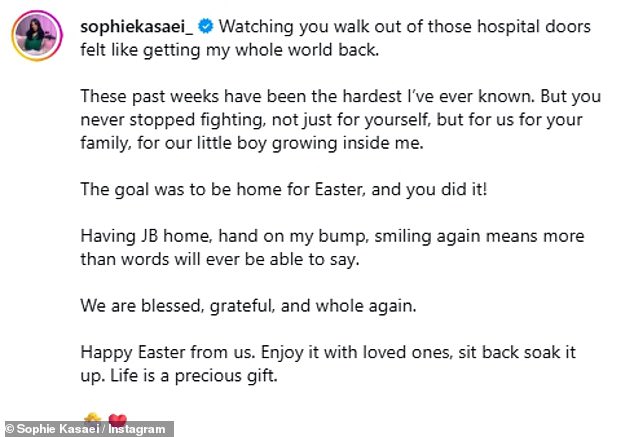 In the heartfelt caption, she heaped praise on her boyfriend for fighting hard to get home to her and their unborn son, saying they were now 'whole again'