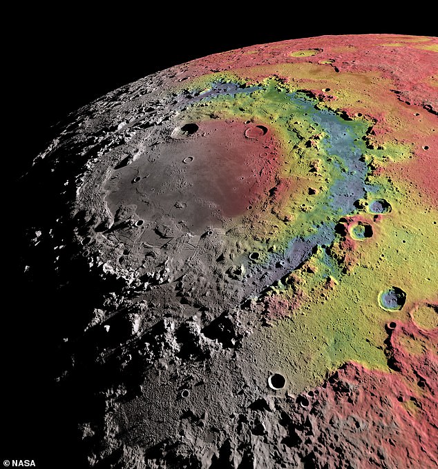 The enormous impact basin, measuring 200 miles wide, formed 3.7 billion years ago by an asteroid smashing into the surface at nine miles a second. Until now, it has only been imaged in full by satellites. Pictured: A computer model of the basin, with gravity anomalies depicted in different colours