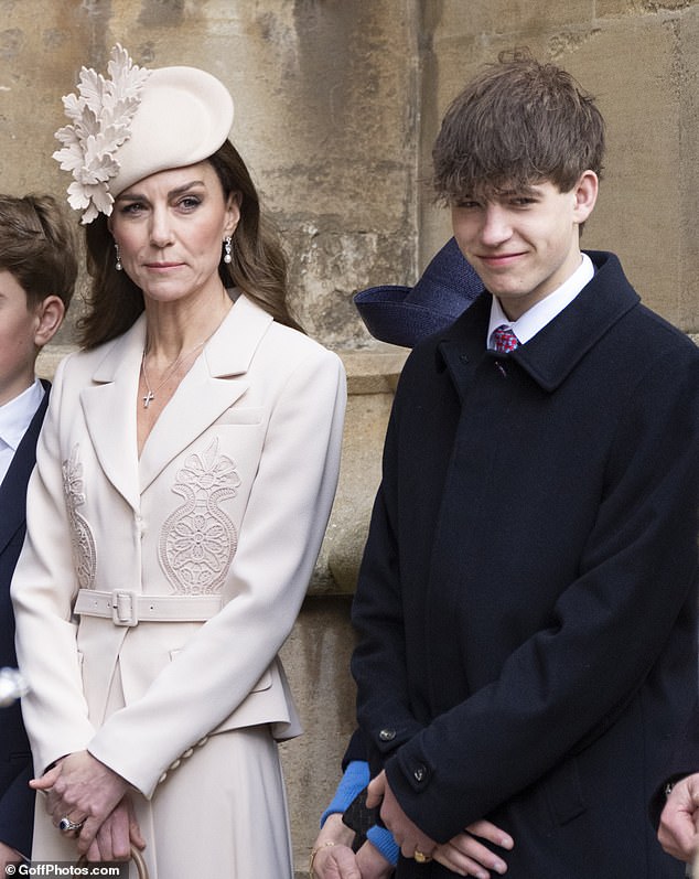 Joining his father, the Duke of Edinburgh, James was captured joyfully chatting with the Princess of Wales outside the chapel before entering the Easter Matins service led by the King and Queen