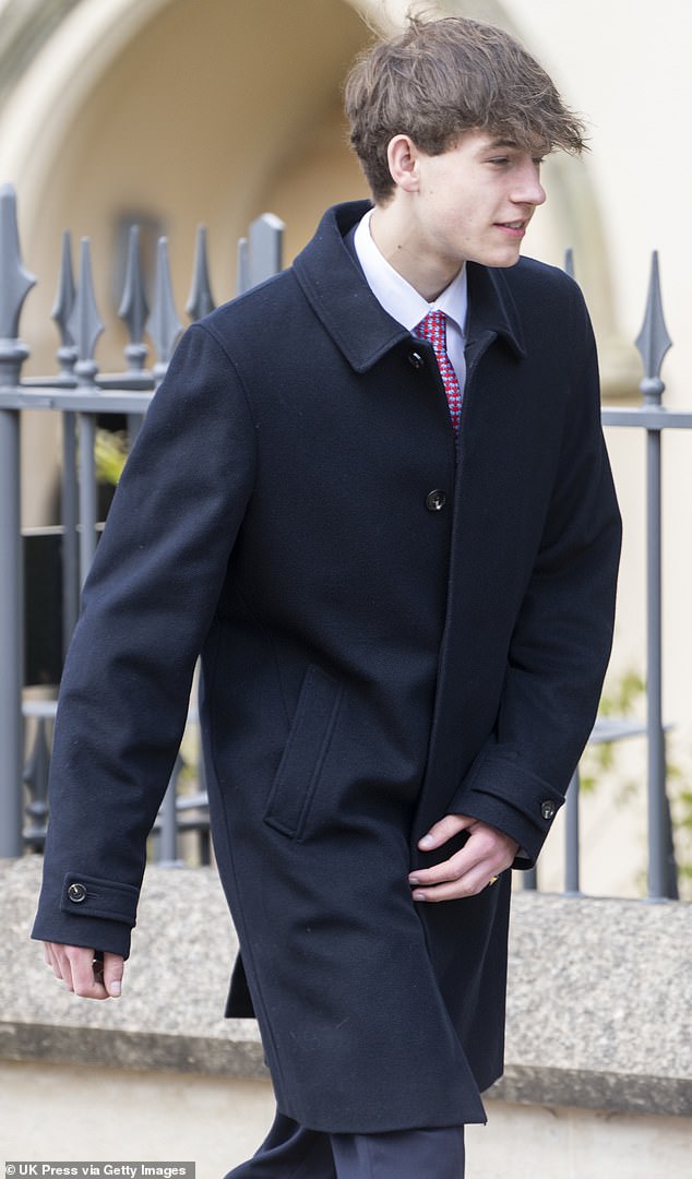 James (pictured), who is 16th in line to the throne, falling from eighth after Princesses Beatrice and Eugenie expanded their families, is currently completing his studies at the prestigious Radley College in Oxfordshire