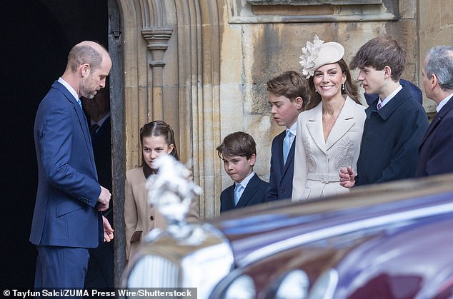 Prince William, Princess Charlotte, Prince Louis, Prince George and the Princess of Wales standing next to James at the Easter service