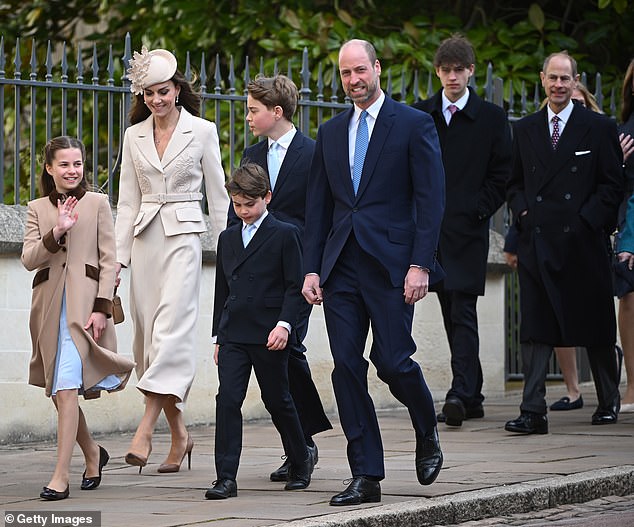 Prince Edward and Sophie’s son walked closely behind William, Kate and their three children, Prince George, 12, Princess Charlotte , ten, and Prince Louis, seven, as they arrived with other royals for the service at St George’s Chapel in Windsor Castle