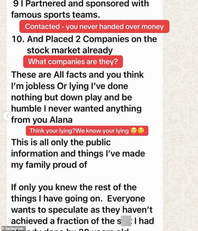 She shared a string of messages allegedly sent from Lee