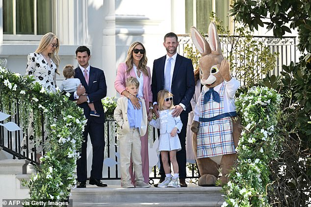 (L/R) Tiffany Trump, her husband Michael Boulos, Lara Trump and Eric Trump attend the annual Easter Egg Roll on the South Lawn of the White House