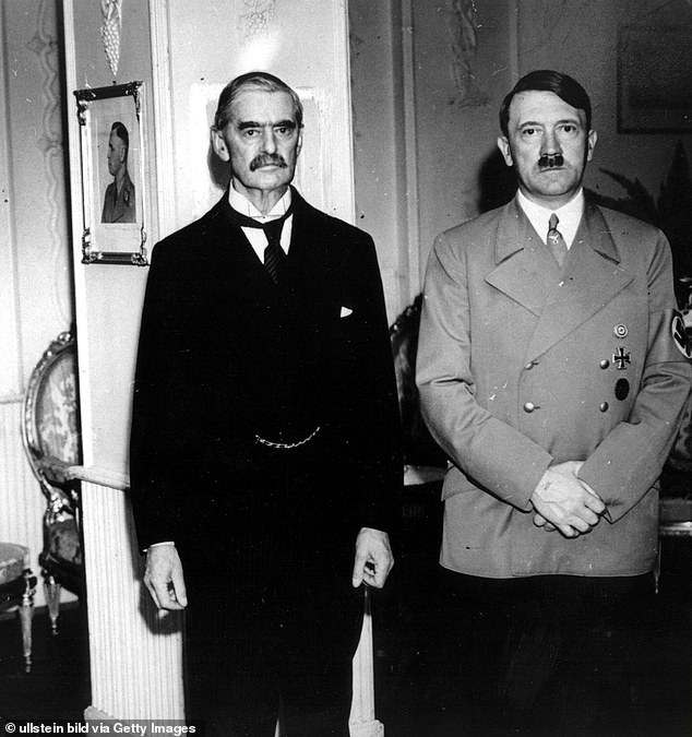 Chamberlain (pictured with Adolf Hitler), who was the UK Prime Minister at the start of the Second World War, is remembered for the policy of appeasement towards Nazi Germany before the conflict, before he was replaced by Winston Churchill.