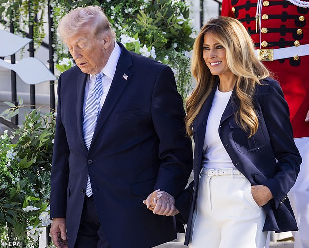 The First Lady, 55, joined husband President Donald Trump for the fun-filled day on the South Lawn in a $2,790 Annabeth Grain de Poudre Jacket by Ralph Lauren Collection