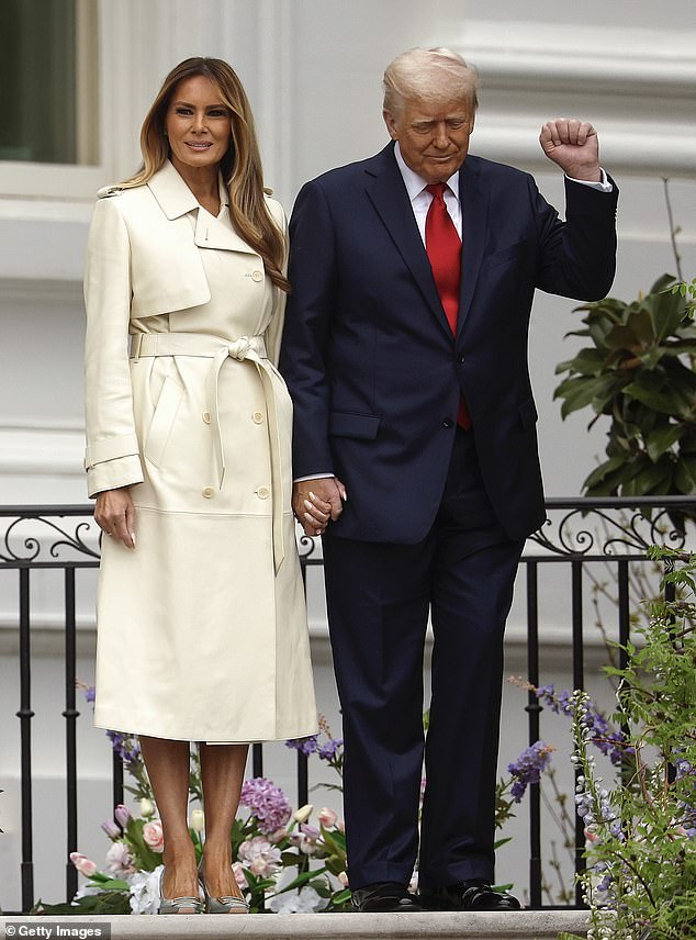 Her style for Easter 2026 was a change from how she dressed last year (pictured), having previously kept things light and bright with a neutral-colored trench coat and pop of color for her accessories