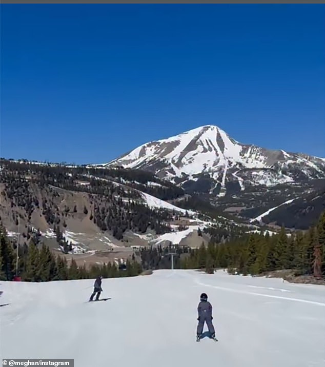 Meghan shared a video last week of her son Archie, who is six, on a skiing trip with his father, Prince Harry . She captioned it: ‘My boys. Quick learner, Archie! So proud (heart emoji.)’ The deserted ski slope appears to be at a private resort in Montana