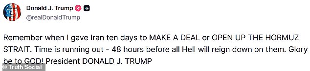 President Trump posts his plans on Truth Social - giving Iran a firm deadline before 'all hell will reign down on them'