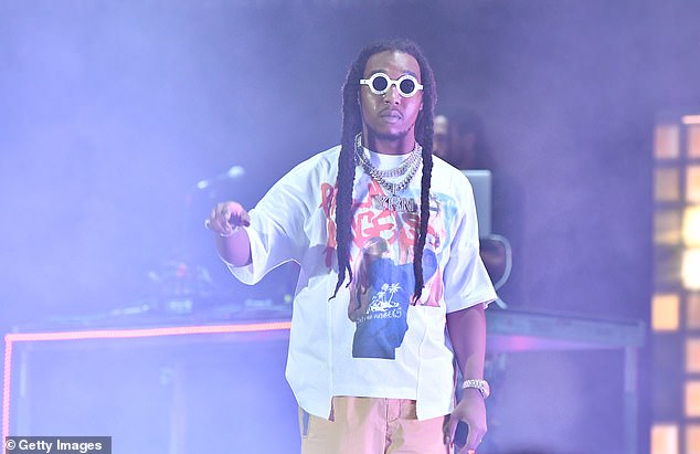 The chilling attack comes more than three years after Offset's fellow Migos member Takeoff was shot and killed outside of a bowling alley in Houston, Texas; Takeoff is pictured in 2019 in Atlanta, Georgia