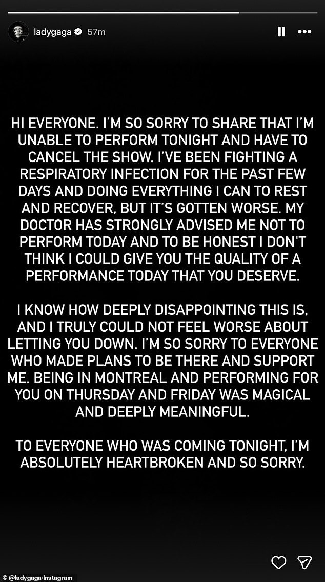 In her statement, she said that her doctor 'strongly advised' her not to perform and added that she was 'absolutely heartbroken' to cancel the concert