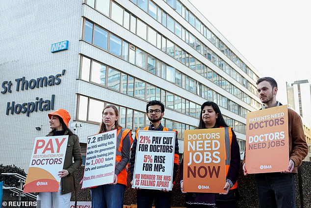 Tens of thousands of resident doctors - formerly known as junior doctors - have joined picket lines in today's strikes (pictured). Doctors' strikes have cost the NHS £3billion in the last three years
