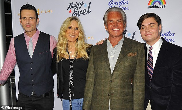 Hamilton is pictured with his parents Alana Stewart and George Hamilton and his brother George Hamilton Jr. at the 2015 premiere of a documentary about Evel Knievel