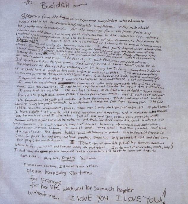 Halperin said he hired handwriting experts to analyze the suicide note found at the scene, saying: 'They said the last five lines were not written in the hand of Kurt Cobain, which is the only thing that really dealt with suicide'