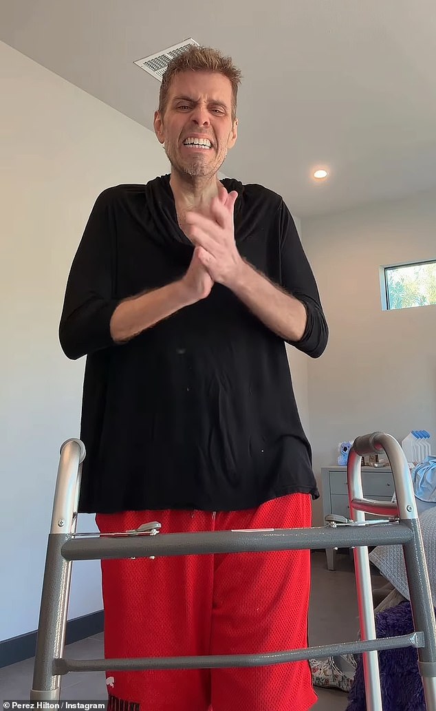 In a new video shared to his Instagram page, an emotional Hilton was back on his feet with the help of a walker, writing, 'I can finally walk again!!'