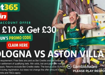 Score £30 in free bets for Bologna vs Aston Villa