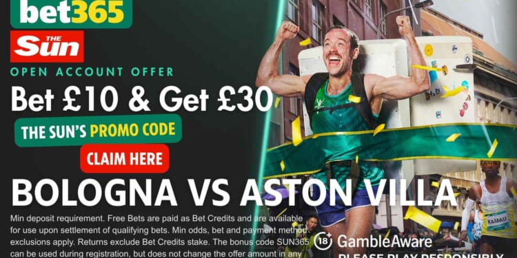Score £30 in free bets for Bologna vs Aston Villa
