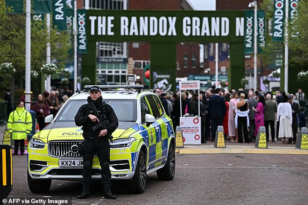 Armed police stand guard at the entrance as racegoers (behind) queue up for the gates to open to attend the opening day of the Grand National Festival