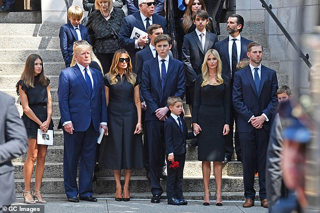 Donald Trump, Melania Trump, Barron Trump, Jared Kushner, Kimberly Guilfoyle, Ivanka Trump, Donald Trump, Jr. and Eric Trump are seen at the funeral of Ivana Trump on July 20, 2022 in New York City