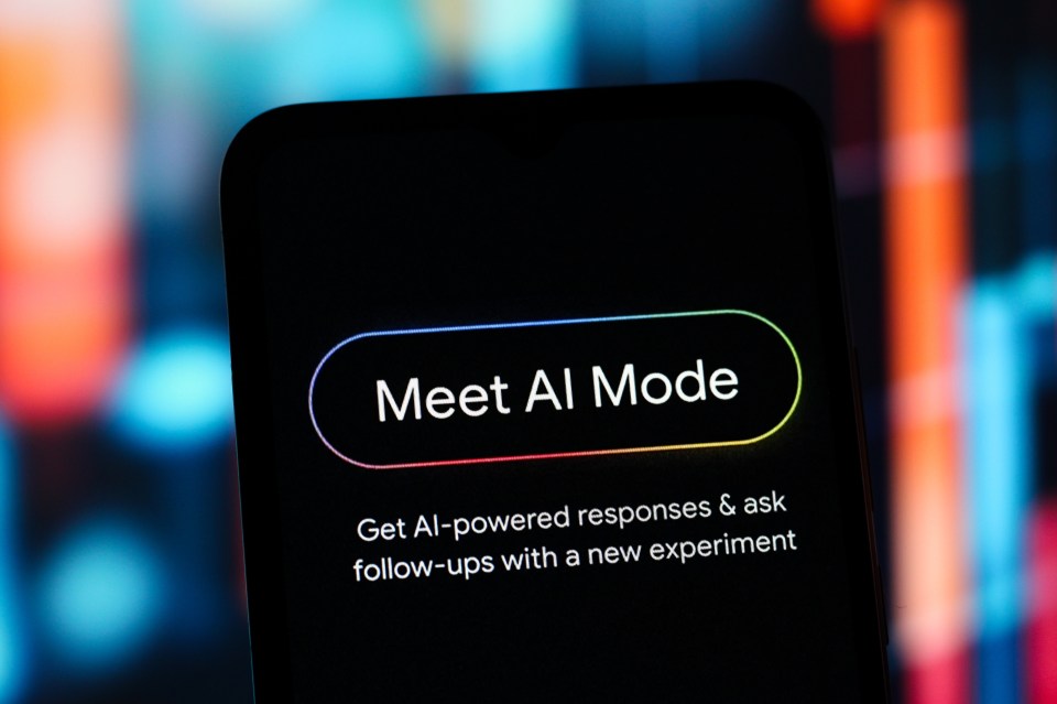 Illustration of a smartphone screen displaying "Meet AI Mode" and text about AI-powered responses.