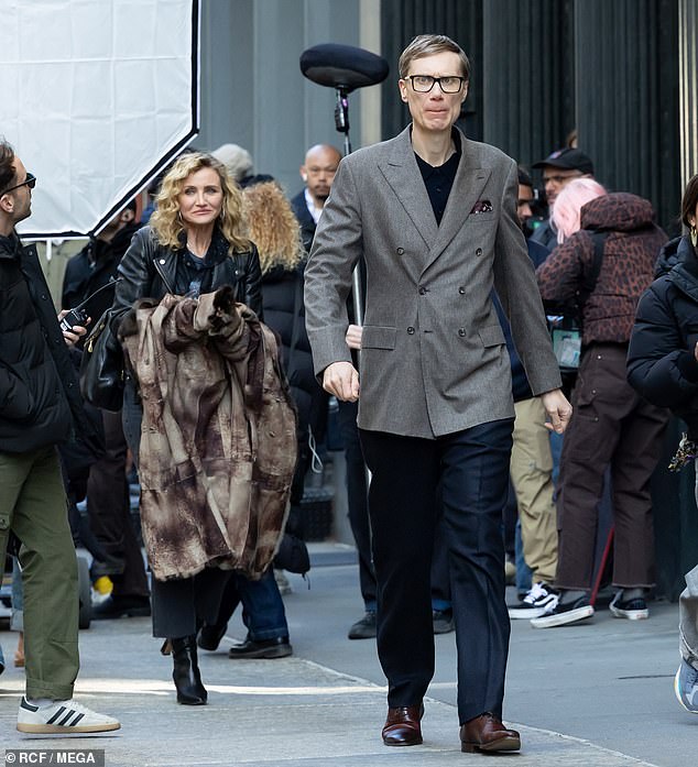 While the duo filmed their latest scenes in the West Village, Cameron and Stephen were in high spirits, as they played a comedian and a hotel worker who start a sham marriage