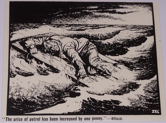 Today, however, ¿the price of petrol has been increased by one penny¿ is part of Labour¿s excuse for not joining America and Israel¿s righteous war on Iran. Never mind the fact that Rachel From Complaints is cheerfully raking in millions in extra tax revenues every day from the worldwide rise in oil prices, while pretending the cost-of-living crisis is all down to Donald Trump. When the U.S. President jibes that Starmer is no Churchill he isn¿t far wide of the mark. And not because of the inflated cost of unleaded. Our current government¿s craven objections to the bombing of Tehran revolve around ¿international law¿ and, let¿s call it what it is, cowardice. Churchill would have had no compunction in siding with Washington over Iran. OK, so Trump is widely considered to be a gobby narcissist, sans filter. But as Randy Newman observed about the admittedly completely bonkers former Georgia governor Lester Maddox: He may be a fool but he¿s our fool. Pictured: A Philip Zec cartoon shows a seaman on the wreckage of a ship blown apart by a torpedo with the caption: 'The price of petrol has been increased by one penny ¿ Official.'