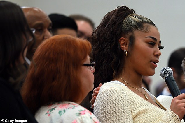 Lily Waterman, the daughter of victim Megan Waterman, speaks to reporters. She was three when her mother was murdered