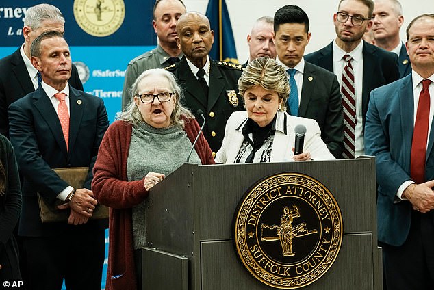Elizabeth Baczkiel, mother of victim Jessica Taylor, stands with Gloria Allred as she said she was 'glad it's over'