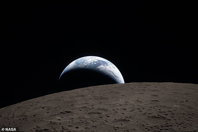 This image, titled 'Earthset', was taken from the far side of the moon and shows the Earth dipping beyond the lunar horizon