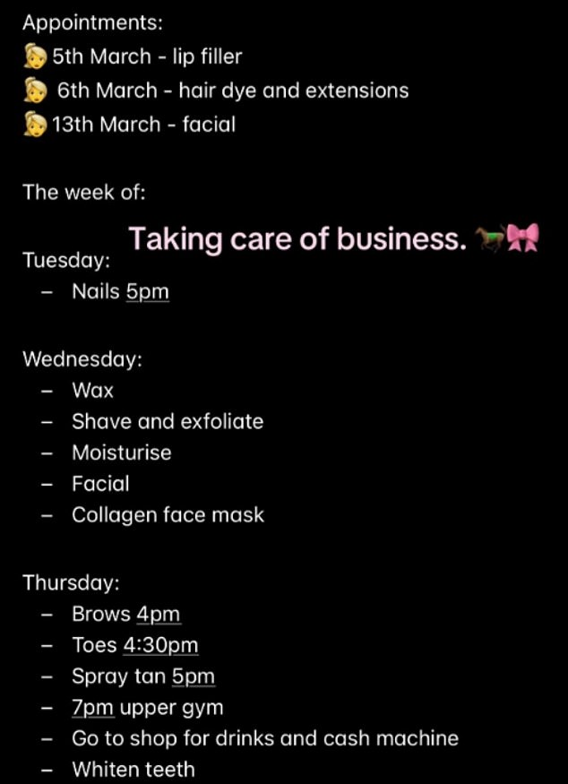 On 5 March, more than a month ago, she had a lip filler appointment - and the following day, got her hair dyed and extensions put in