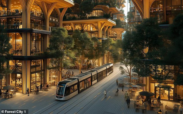 The project - criticised as 'dystopian' - would span 45,000 acres of farmland in East Anglia - incorporating England's biggest nature reserve, as well as a large reservoir. An artist's impression of Forest City 1 is pictured