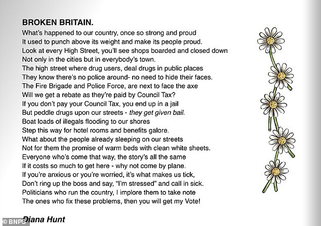 The following month, Ms Hunt submitted another poem along similar lines titled 'Broken Britain'