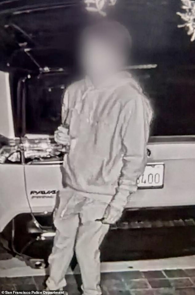 Police believe the suspect later targeted OpenAI's headquarters, thretening to burn down their building, an hour after the bomb was allegedly thrown at Altman's home. The suspect is pictured above on surveillance footage
