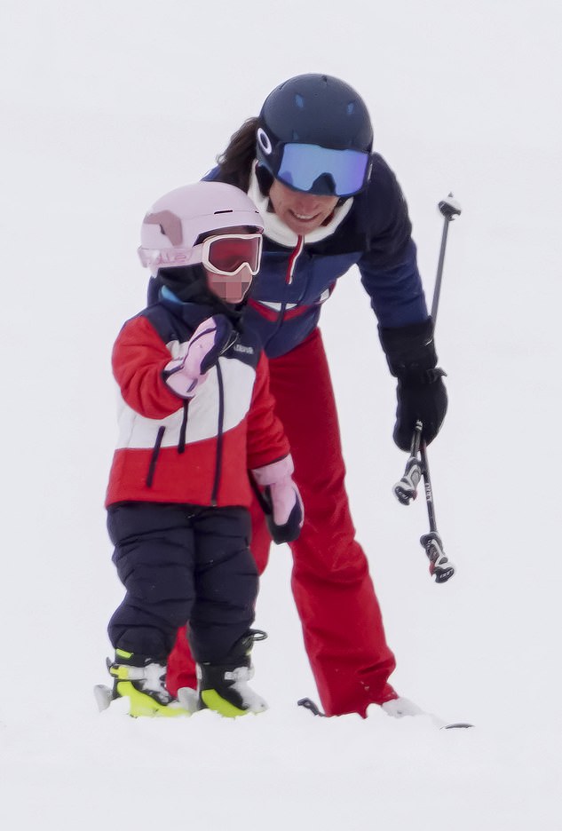 Pippa can be seen supportively urging on her daughter Rose, three - with an encouraging word as well as her her ski poles