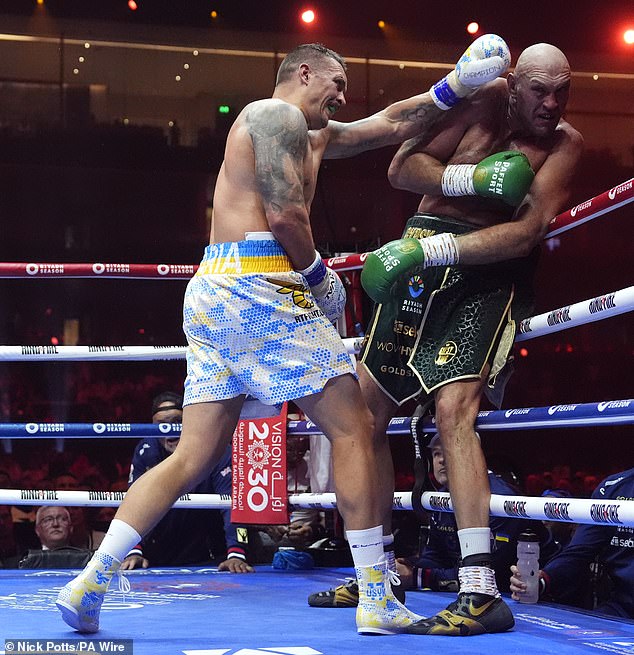 After learning that his wife was struggling health-wise back in England, Tyson lost to Usyk in Saudi Arabia just hours later (pictured)