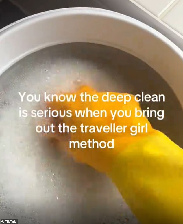 A TikTok from McKenzie, who posts under the username bleachandbubbles, showed a 'typical' traveller cleaning method which involves using Fairy washing up liquid and bleach, teamed with water, to wipe down her window
