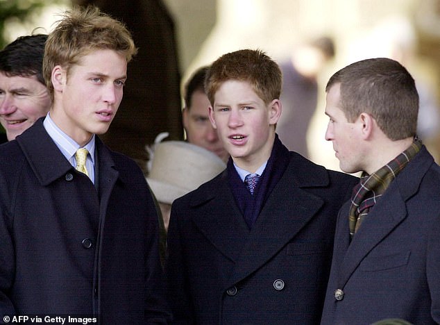 William, his brother Prince Harry and Peter Phillips talk after a church service at Sandringham on Christmas Day in 2000
