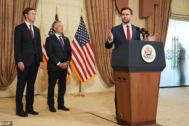 Vice President JD Vance, right, speaks during a news conference after meeting with representatives from Pakistan and Iran as Jared Kushner, left, and Steve Witkoff, Special Envoy for Peace Missions listen, on Sunday, April 12, 2026, in Islamabad, Pakistan