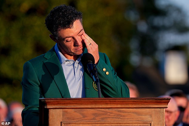 An emotional McIlroy wipes away tears during the jacket ceremony at Augusta National