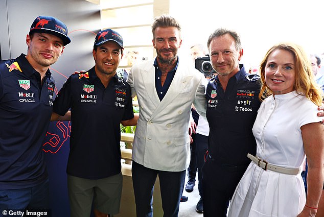 The event was a far cry from the glamour of the F1 circuit. Pictured: Geri and Christian Horner (far right) with (left to right) Max Verstappen, Sergio Perez and David Beckham in 2022
