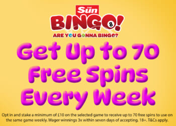 Earn up to 70 free spins every week with Sun Bingo