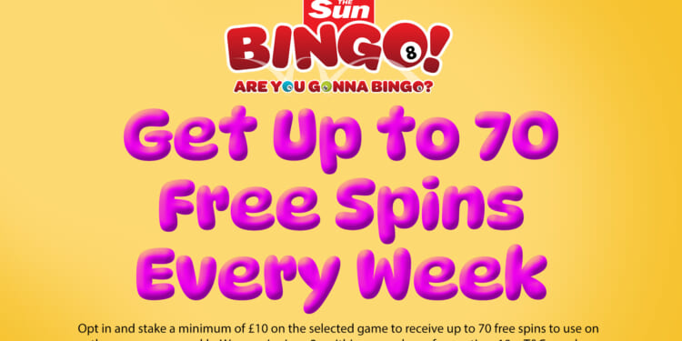 Earn up to 70 free spins every week with Sun Bingo