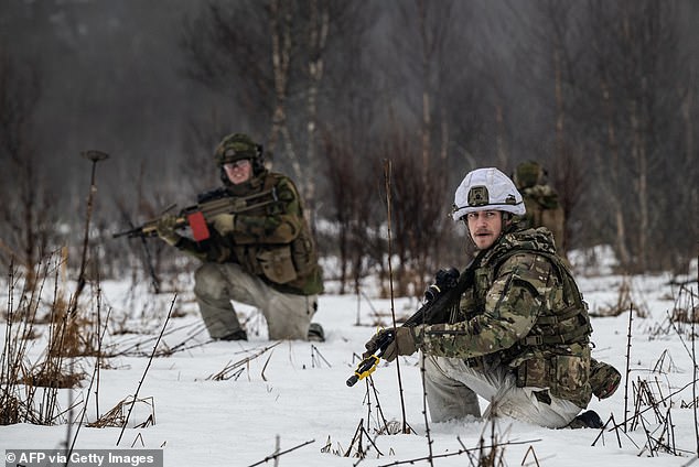 Soldiers take up positions during an attack simulation as NATO conducts its Cold Response military exercise